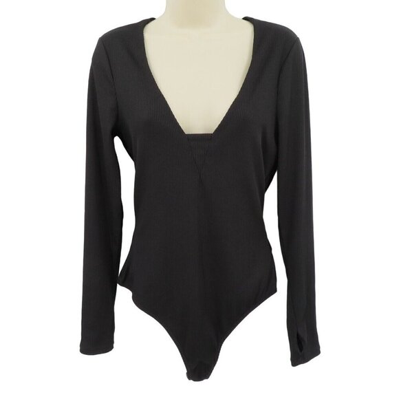 Intimately Free People Womens Large Solid Black Ribbed Long Sleeve Bodysuit - Picture 1 of 10